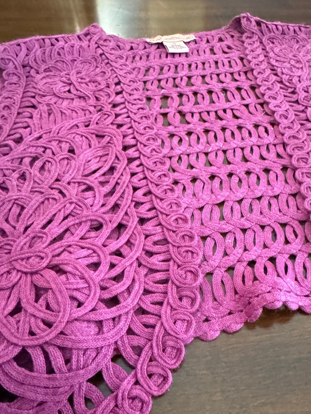 Vintage Y2K Bandolino Pink 100% Ramie Crochet Floral Open Front Vest M